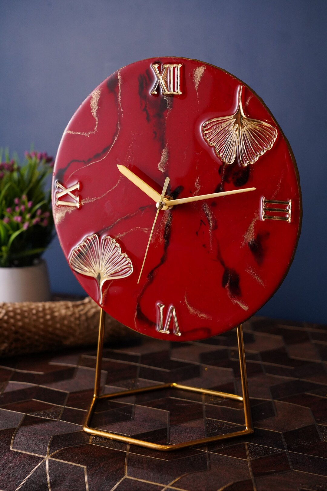 Red Resin Table Clock/ Modern Epoxy Resin/ Claret Red and Golden ...