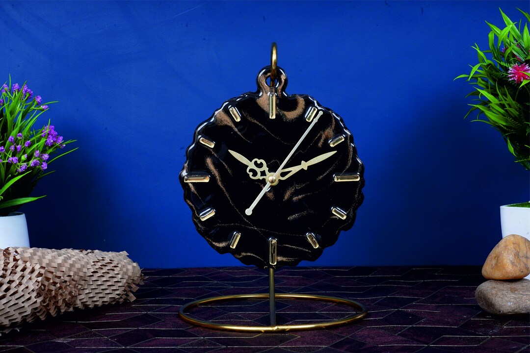 Resin Art Watch, Table Clock, Blackandgolden, Unique Home Décor Luxury