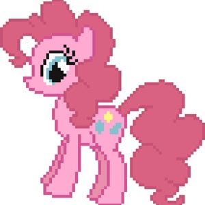 May include: Pixelated image of a pink pony with a curly mane and tail. The pony has blue eyes and a cutie mark of three shapes. The pony is standing on a white background.