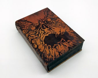 Wooden and leather dice box and tray Necronomicon themed
