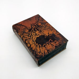 Wooden and leather dice box and tray Necronomicon themed