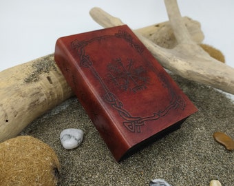 Wooden and leather dice box and tray viking themed