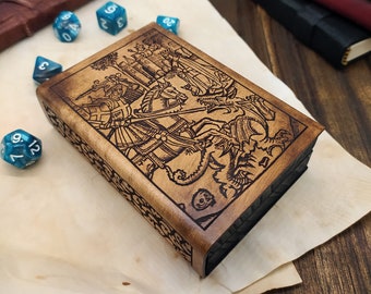 Wooden and leather dice box and tray medieval themed knight St. George dragon