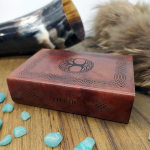 Wooden and leather dice box and tray celtic themed tree of life Yggdrasil triskell