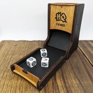 Heroquest wooden dice tower for combat and movement dice, lined with genuine leather, foldable with magnetic closure