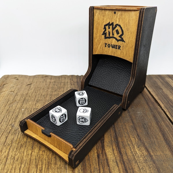 Heroquest wooden dice tower for combat and movement dice, lined with genuine leather, foldable with magnetic closure