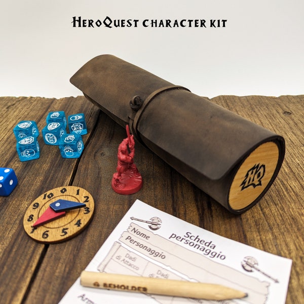 Heroquest character scroll kit in wood and leather, dice, character sheet, miniature holder, body and mind points counter, character tray