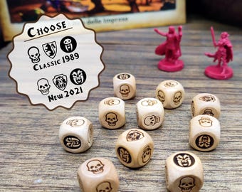 Dados de madera natural para HeroQuest – Dados de combate y dados de movimiento grabados – Versión clásica 1989 o nueva 2021