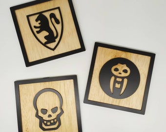 HeroQuest wooden home decor showing classic combat dice icons. Wall decor, picture, wall art, gift