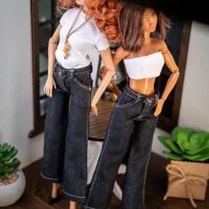 Handcrafted 1/6 Scale Black Designer Jeans with Functional Snap Closure – Realistic Doll Denim OOAK