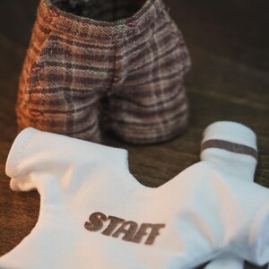 May include: A white t-shirt with the word "STAFF" printed on the front, brown and white plaid shorts, and white socks with a brown stripe.