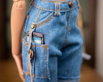 1:6 Scale Doll Cargo Denim Shorts with Functional Phone Pocket, Fashion Doll Clothing