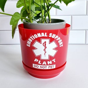 May include: A red plant pot with the text "Emotional Support Plant Do Not Pet" and a white medical symbol with a snake wrapped around a staff.