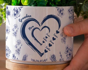 Personalized Mom And Grandma Heart Plant Pot, Custom Mum-Nana Generation Flower Planter, Custom Ceramic Flower Pot, Mothers Day Gift
