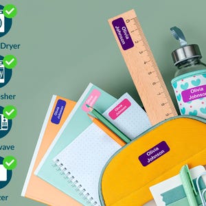 May include: A school supplies arrangement featuring a yellow backpack, notebooks, a wooden ruler, and a water bottle. The items are labeled with the name "Olivia Johnson" on purple and pink labels. Icons for a washer/dryer, dishwasher, microwave, and freezer are also visible.