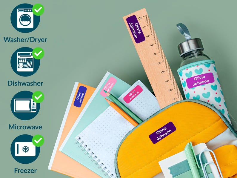 May include: A school supplies arrangement featuring a yellow backpack, notebooks, a wooden ruler, and a water bottle. The items are labeled with the name "Olivia Johnson" on purple and pink labels. Icons for a washer/dryer, dishwasher, microwave, and freezer are also visible.