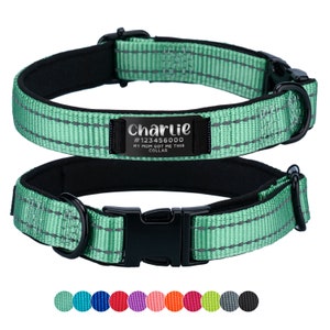 May include: A green dog collar with black hardware and a personalised name tag that reads "Charlie #12345600 MY MOM GOT ME THIS COLLAR". The collar has reflective stitching and a soft, padded lining. The image also shows a variety of colour options for the collar.