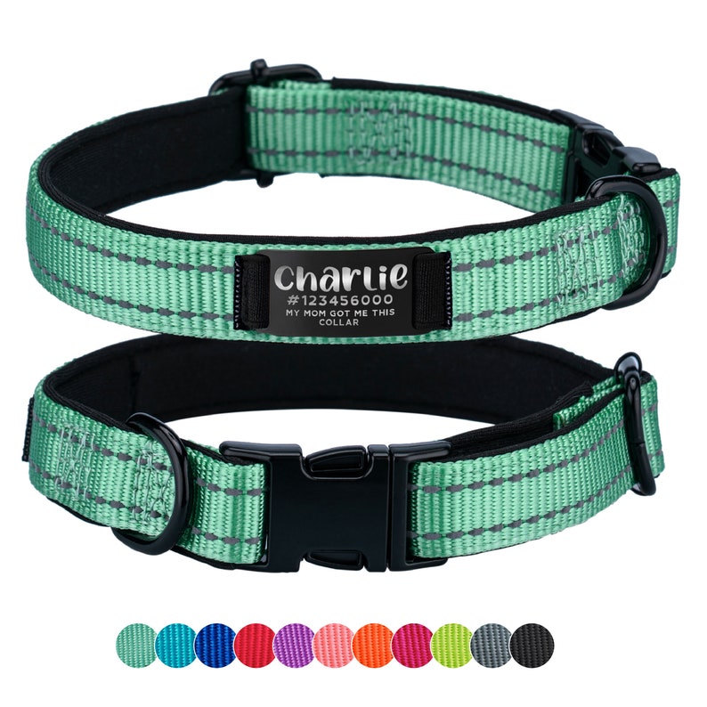 May include: A green dog collar with black hardware and a personalised name tag that reads "Charlie #12345600 MY MOM GOT ME THIS COLLAR". The collar has reflective stitching and a soft, padded lining. The image also shows a variety of colour options for the collar.