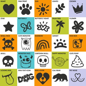 May include: A grid of 25 black and white illustrations on coloured backgrounds. The illustrations include a heart, paw print, sun, leaves, crown, star, butterfly, butterfly heart, palm tree, flower, skull face, cute monster, rainbow, sunset, dog box, skull, monster face, cartoon skull, happy monster, cute poop, licking dog, dog text icon, dog lover, Cali bear, and pet nose.