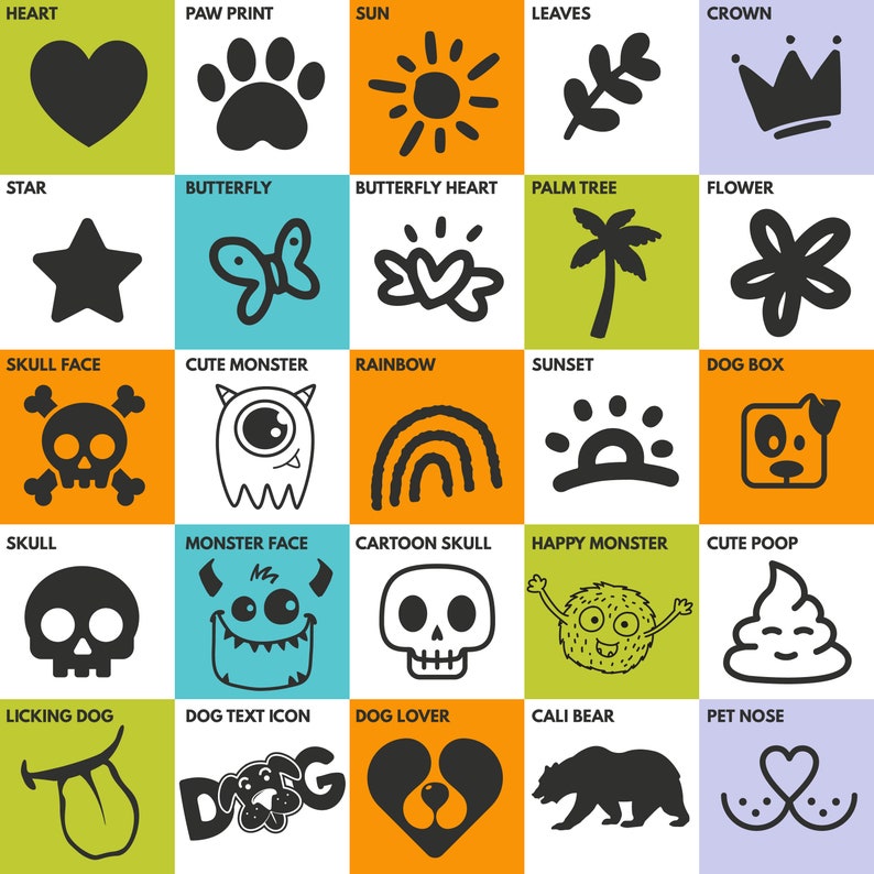 May include: A grid of 25 black and white illustrations on coloured backgrounds. The illustrations include a heart, paw print, sun, leaves, crown, star, butterfly, butterfly heart, palm tree, flower, skull face, cute monster, rainbow, sunset, dog box, skull, monster face, cartoon skull, happy monster, cute poop, licking dog, dog text icon, dog lover, Cali bear, and pet nose.