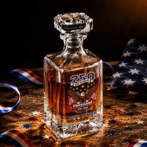 May include: A clear glass decanter filled with amber liquid, featuring a faceted stopper and a square base. The front displays a graphic of a bald eagle, American flags, and the text 250 YEARS OF FREEDOM 1776-2026 and JOHN MILLER.