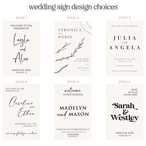 May include: Ten different wedding sign design choices with various fonts and styles. The signs include the names of the couples, the date of the wedding, and the location. Some signs also include a welcome message or a phrase like "We're so glad you're here!"