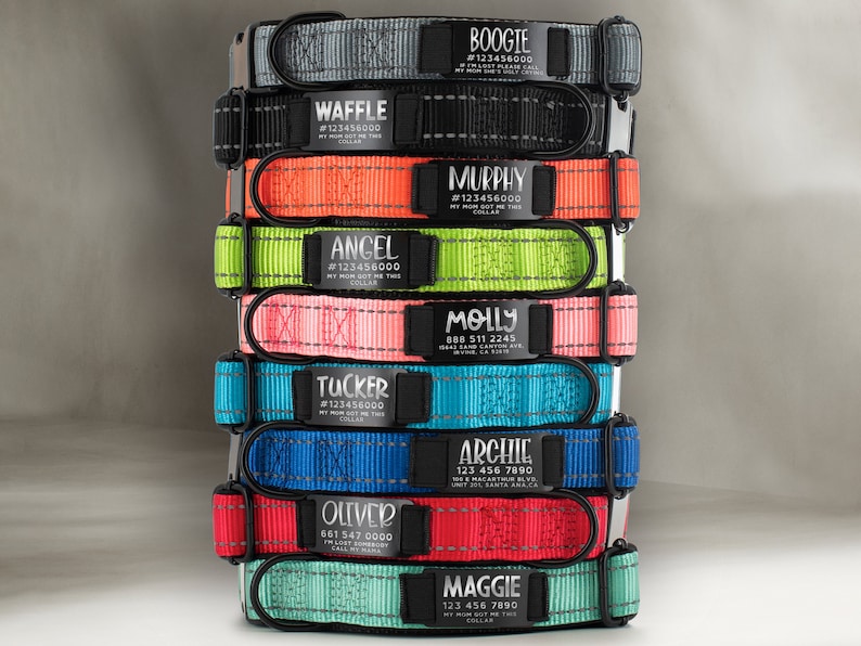 May include: A stack of colourful dog collars with personalised name tags and phone numbers. The collars are made of durable nylon webbing and feature reflective stitching for added safety.