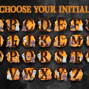 May include: Halloween alphabet letters with orange and black watercolour designs. Each letter is decorated with spooky Halloween elements like ghosts, bats, spiders, pumpkins, and tombstones. The text "CHOOSE YOUR INITIAL" is at the top of the image.