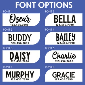 May include: A graphic showing eight different font options for a pet tag. Each font is displayed with a sample name and phone number. The fonts are all in black and white.