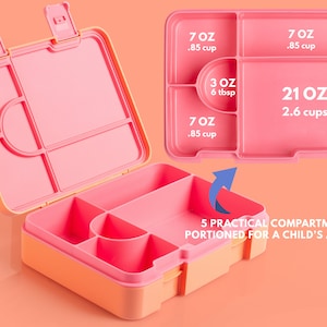 May include: A pink and orange lunchbox with five compartments, designed for a child's appetite. The lid is open, revealing the interior sections labeled with measurements in ounces and cups. The text reads "5 PRACTICAL COMPARTMENTS PORTIONED FOR A CHILD'S APPETITE."