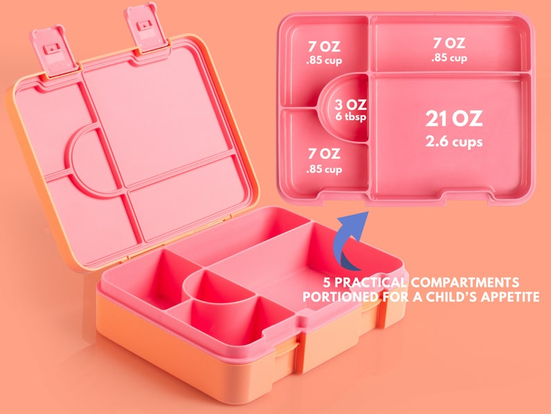 May include: A pink and orange lunchbox with five compartments, designed for a child's appetite. The lid is open, revealing the interior sections labeled with measurements in ounces and cups. The text reads "5 PRACTICAL COMPARTMENTS PORTIONED FOR A CHILD'S APPETITE."
