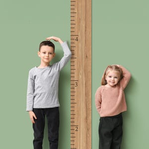 May include: A wooden height chart with inch markings stands against a green wall. A young person stands next to the chart, with their hand raised to the top of their head. Another young person stands nearby. The chart is for measuring height.