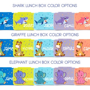May include: A collection of colorful lunch boxes featuring cartoon sharks, giraffes, and elephants. Each box has a different name on it. The text "SHARK LUNCH BOX COLOR OPTIONS", "GIRAFFE LUNCH BOX COLOR OPTIONS", and "ELEPHANT LUNCH BOX COLOR OPTIONS" are displayed.