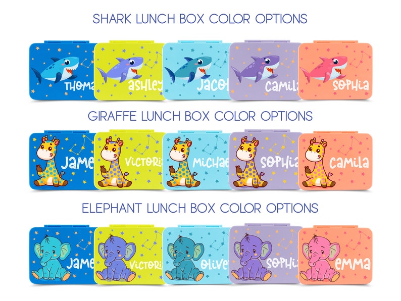 May include: A collection of colorful lunch boxes featuring cartoon sharks, giraffes, and elephants. Each box has a different name on it. The text "SHARK LUNCH BOX COLOR OPTIONS", "GIRAFFE LUNCH BOX COLOR OPTIONS", and "ELEPHANT LUNCH BOX COLOR OPTIONS" are displayed.