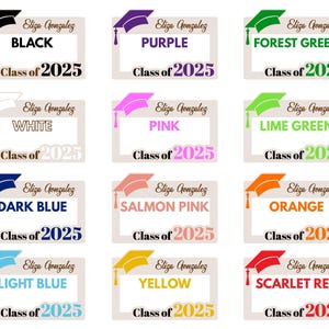 May include: Twelve graduation photo booth frames with different colored graduation caps. Each frame has the text "Eliza Gonzalez" and "Class of 2025". The cap colors are black, white, dark blue, light blue, purple, pink, salmon pink, yellow, forest green, lime green, orange, and scarlet red.