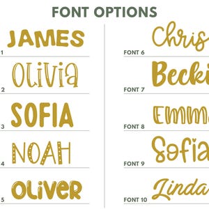 May include: A chart titled FONT OPTIONS displaying ten distinct gold-colored typography styles labeled FONT 1 through FONT 10. Each style features a sample name including James, Olivia, Sofia, Noah, Oliver, Chris, Becki, Emma, and Linda.