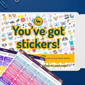 May include: A set of personalized name stickers with a variety of colorful designs and the text "You've got stickers!". The stickers are in various colors and feature the name "William Robertson". The background is a blue surface.