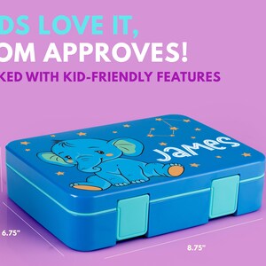 May include: Blue rectangular lunchbox with a cartoon elephant design and the name "James". The lunchbox measures 8.75 inches long, 6.75 inches wide, and 2.25 inches high. Text on the lunchbox reads "KIDS LOVE IT, MOM APPROVES! PACKED WITH KID-FRIENDLY FEATURES".