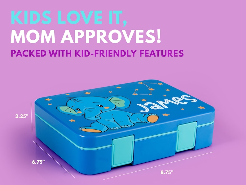 May include: Blue rectangular lunchbox with a cartoon elephant design and the name "James". The lunchbox measures 8.75 inches long, 6.75 inches wide, and 2.25 inches high. Text on the lunchbox reads "KIDS LOVE IT, MOM APPROVES! PACKED WITH KID-FRIENDLY FEATURES".