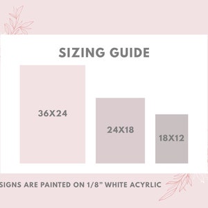 May include: Sizing guide for signs with three different sizes: 36x24 inches, 24x18 inches, and 18x12 inches. All signs are painted on 1/8" white acrylic.