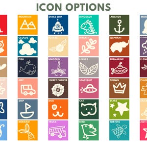 May include: A grid of 36 colorful square icons labeled ICON OPTIONS, each featuring a white line drawing of various subjects including animals, nature, vehicles, and shapes like a tent, mountain, spaceship, dinosaur, anchor, moon, owl, and clouds.