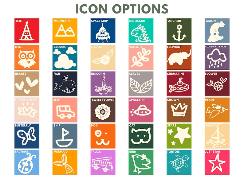 May include: A grid of 36 colorful square icons labeled ICON OPTIONS, each featuring a white line drawing of various subjects including animals, nature, vehicles, and shapes like a tent, mountain, spaceship, dinosaur, anchor, moon, owl, and clouds.