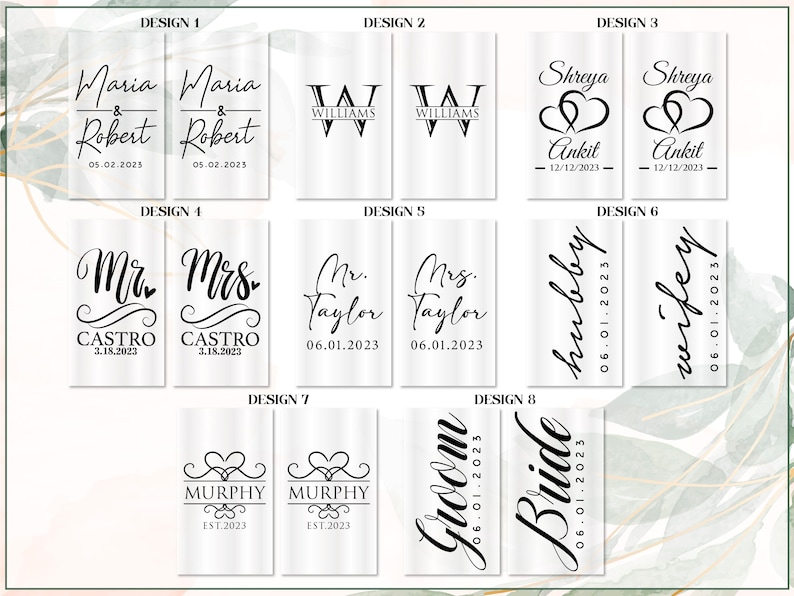 May include: Eight different designs for wedding or engagement toasts. Each design features a different font style and layout with the names of the couple and the date of their wedding or engagement. The designs are printed on a clear background.