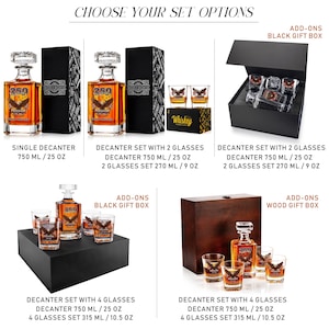 May include: A collection of whiskey decanter sets featuring glass decanters with 750 ml/25 oz capacity and matching glasses. Options include single decanters, sets with two or four glasses, and packaging in black gift boxes or a wooden gift box.