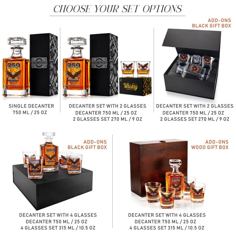 May include: A collection of whiskey decanter sets featuring glass decanters with 750 ml/25 oz capacity and matching glasses. Options include single decanters, sets with two or four glasses, and packaging in black gift boxes or a wooden gift box.