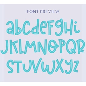 May include: A font preview featuring the alphabet in a playful, rounded style. The letters are a bright turquoise color with a white outline, set against a light purple background. The words "FONT PREVIEW" are at the top in dark blue.