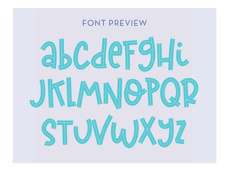 May include: A font preview featuring the alphabet in a playful, rounded style. The letters are a bright turquoise color with a white outline, set against a light purple background. The words "FONT PREVIEW" are at the top in dark blue.
