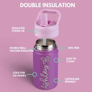 May include: A purple stainless steel water bottle with a detached light purple straw lid. The bottle features the name Ashley and a butterfly graphic. Text labels indicate double insulation, BPA free, easy to clean, and cold for 24+ hours.