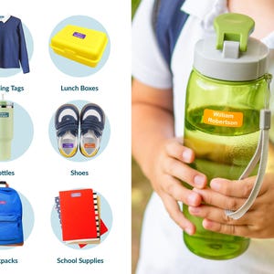 May include: A collection of school supplies, including clothing tags, lunch boxes, bottles, shoes, backpacks, and notebooks. A green water bottle with the name "William Robertson" on a label is held by a person.
