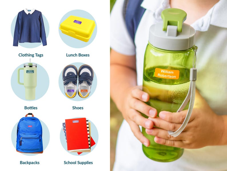 May include: A collection of school supplies, including clothing tags, lunch boxes, bottles, shoes, backpacks, and notebooks. A green water bottle with the name "William Robertson" on a label is held by a person.